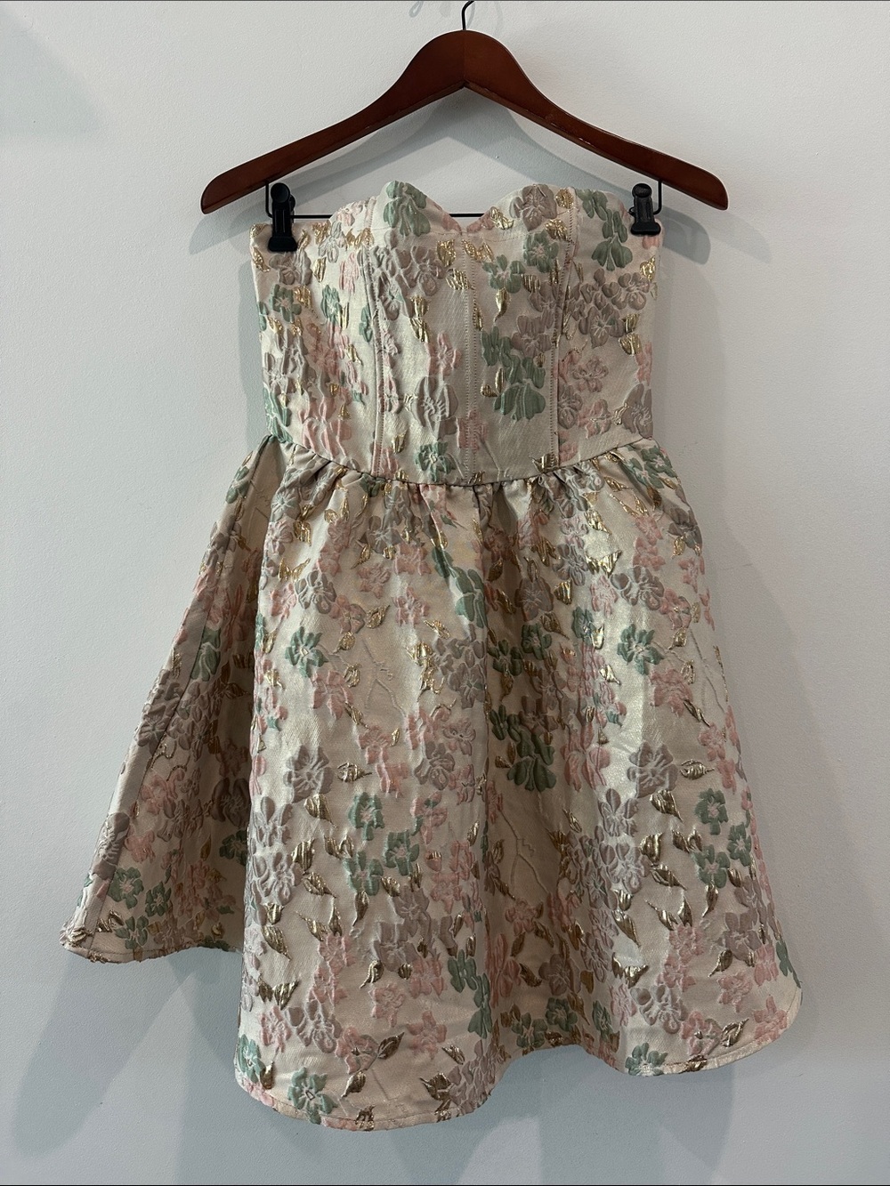 Francesca's Collections Strapless Floral Jacquard Dress in Pink, Mint & Gold